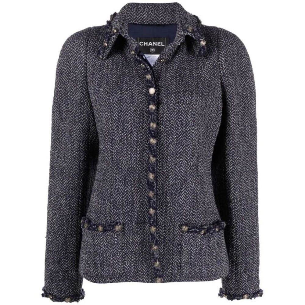Chanel Herringbone Wool Trim Jacket